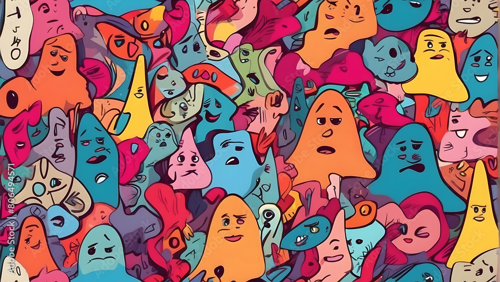 A dense crowd of unique cartoon characters with varying expressions, creating a diverse and vibrant abstract community