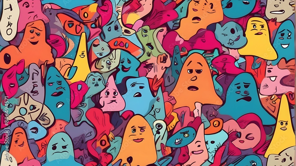A dense crowd of unique cartoon characters with varying expressions, creating a diverse and vibrant abstract community A dense crowd of unique cartoon characters with varying expressions, creating a diverse and vibrant abstract community