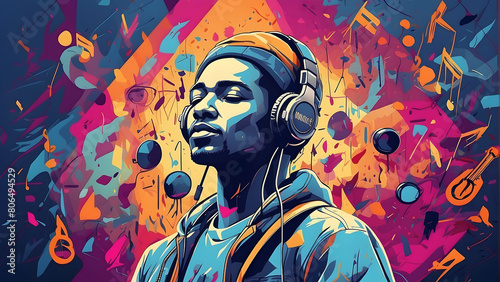 A vibrant digital artwork of a man enjoying music with graffiti-like background elements