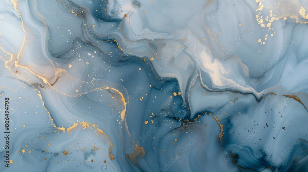 This abstract background features a mesmerizing fluid art design resembling marble texture. Dominated by shades of blue and gray, with delicate gold accents swirling throughout, the composition exudes This abstract background features a mesmerizing fluid art design resembling marble texture. Dominated by shades of blue and gray, with delicate gold accents swirling throughout, the composition exudes