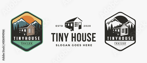 Emblem patch outdoor simple tiny house trailer logo vector illustration on dark background
