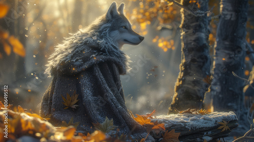 A wolf is sitting in the woods with a fur coat on photo