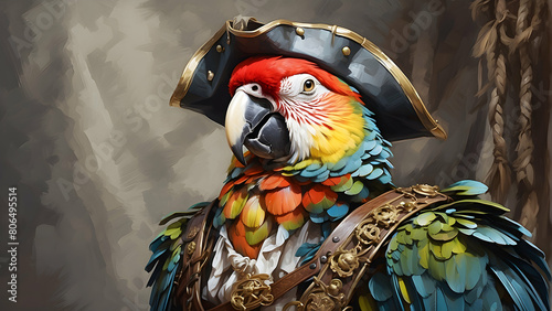 A whimsically illustrated parrot adorned in pirate attire complete with a captain's hat giving off an adventurous and old-world charm set against a muted background photo
