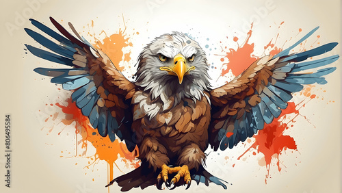 A strong and powerful eagle in mid-flight, accentuated by a striking and vibrant color splash background