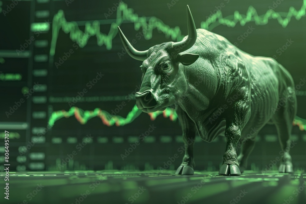 A bull is standing in front of a graph with a upward trend.