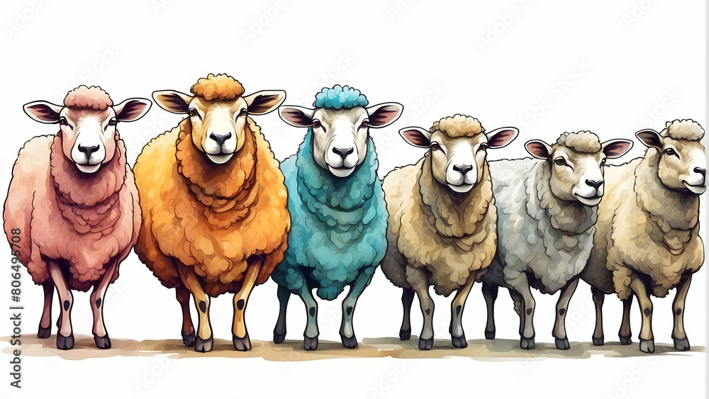 Fototapeta premium Whimsical digital illustration of a line of sheeps in varied colors, suggesting uniqueness and togetherness