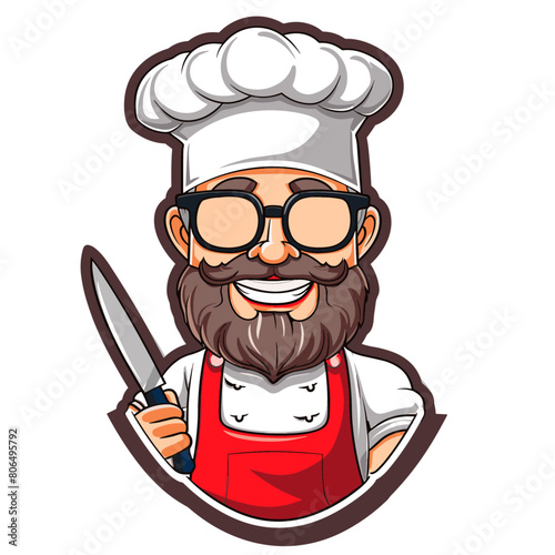 character is wearing a white chef’s hat and a red apron