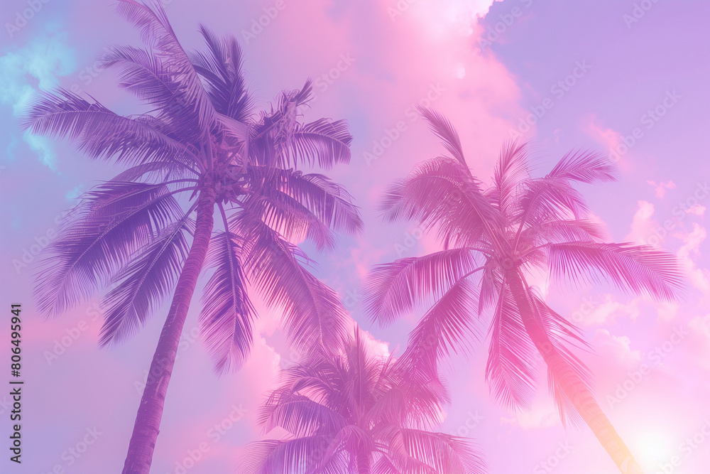 This retro-inspired photograph captures the essence of the '80s with its vibrant palm trees set against a dreamy sky backdrop. The pastel colors and soft focus add to the nostalgic charm