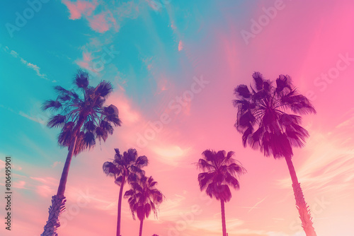 This retro-inspired photograph captures the essence of the '80s with its vibrant palm trees set against a dreamy sky backdrop. The pastel colors and soft focus add to the nostalgic charm