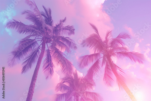 This retro-inspired photograph captures the essence of the  80s with its vibrant palm trees set against a dreamy sky backdrop. The pastel colors and soft focus add to the nostalgic charm