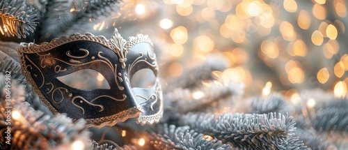 A black and gold masquerade mask rests on a snowy tree branch with blurred golden lights in the background.