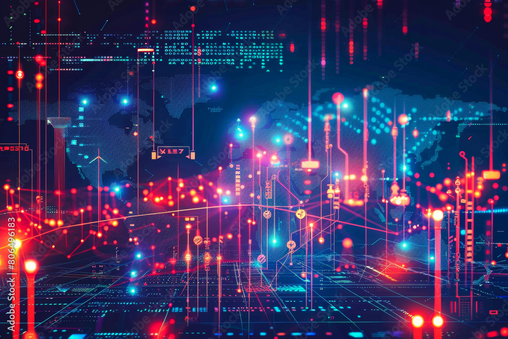 Digital world map glowing lines, global stock market, global digital communications