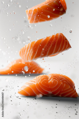 Levitating Salmon Slices with Water Droplets and Spices