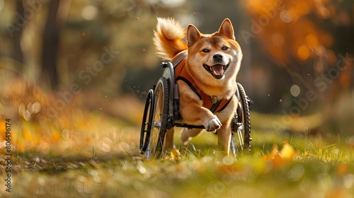 A happy disabled Shiba Inu dog running in the park with a wheelchair. photo