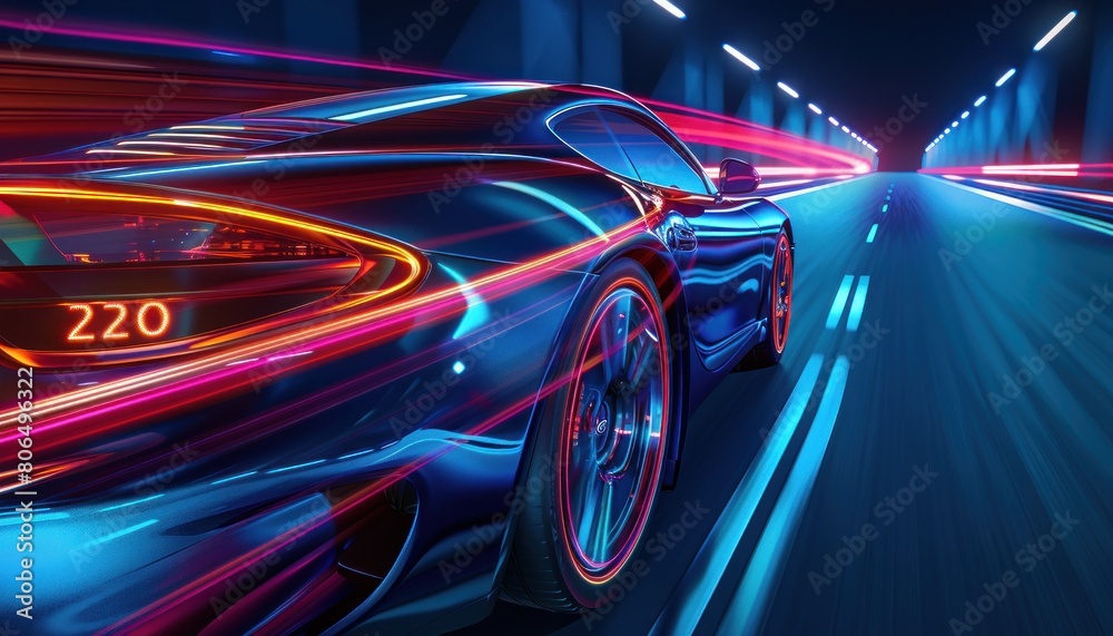 A car is driving down a road with a bright blue background. A car is driving down a road with a bright blue background.