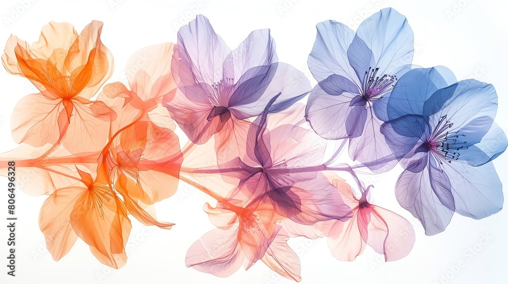 Produce a striking close-up shot with an ethereal x-ray effect, focusing on intricate details of a botanical subject in watercolor