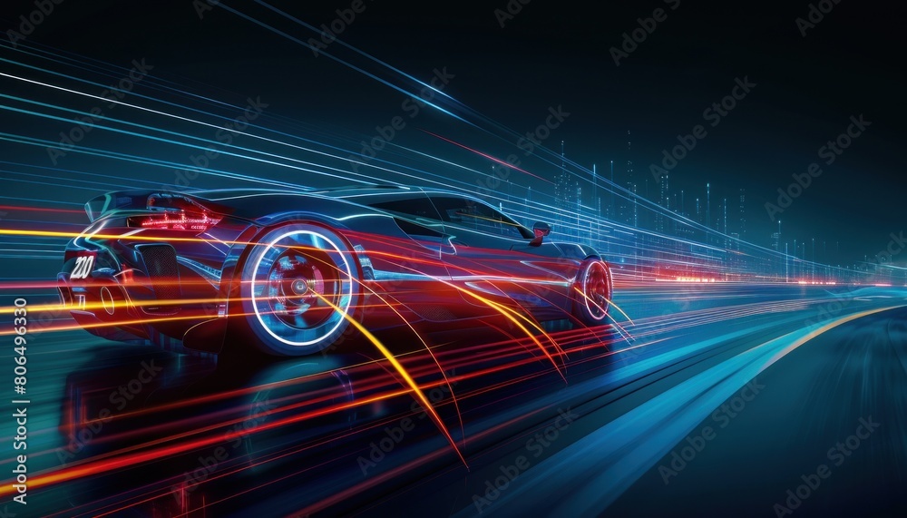 Fototapeta premium A car is driving down a road with a bright blue background. The car is surrounded by a colorful blur of light, giving the impression of a fast-moving vehicle. Scene is energetic and dynamic