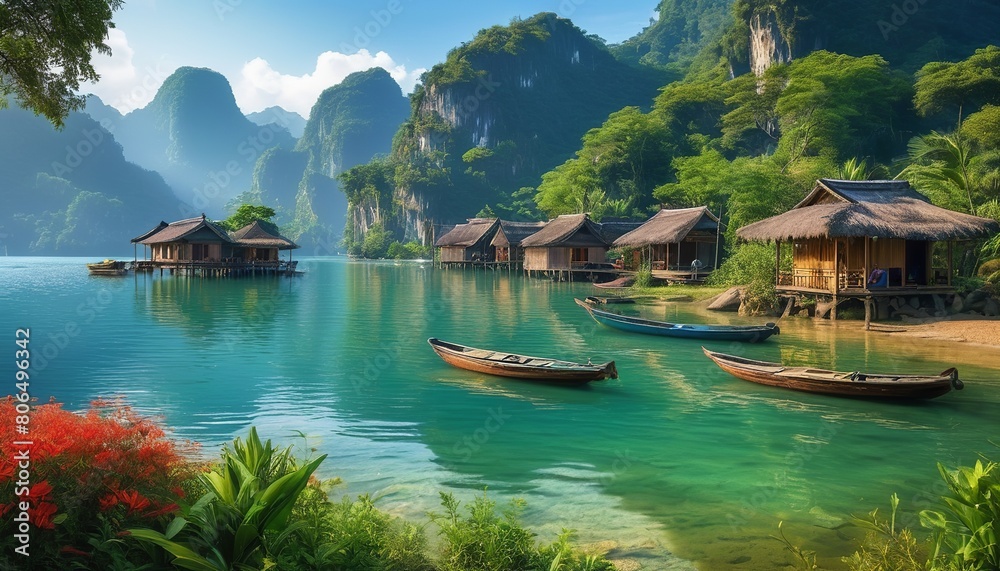A Tranquil Escape: Serene Lakeside Huts and Boats Dot the Vietnamese Landscape 