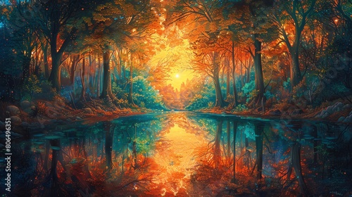 Produce a stunning oil painting showcasing wide-angle mirror symmetry in a serene, dreamlike forest setting Capture the vivid colors and intricate details to draw viewers into the magical scene