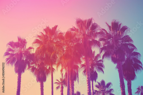 This retro-style photograph captures the timeless allure of palm trees set against a vivid backdrop of pink and purple hues in the sky. Reminiscent of vintage postcards and '80s aesthetics © Aleksandra