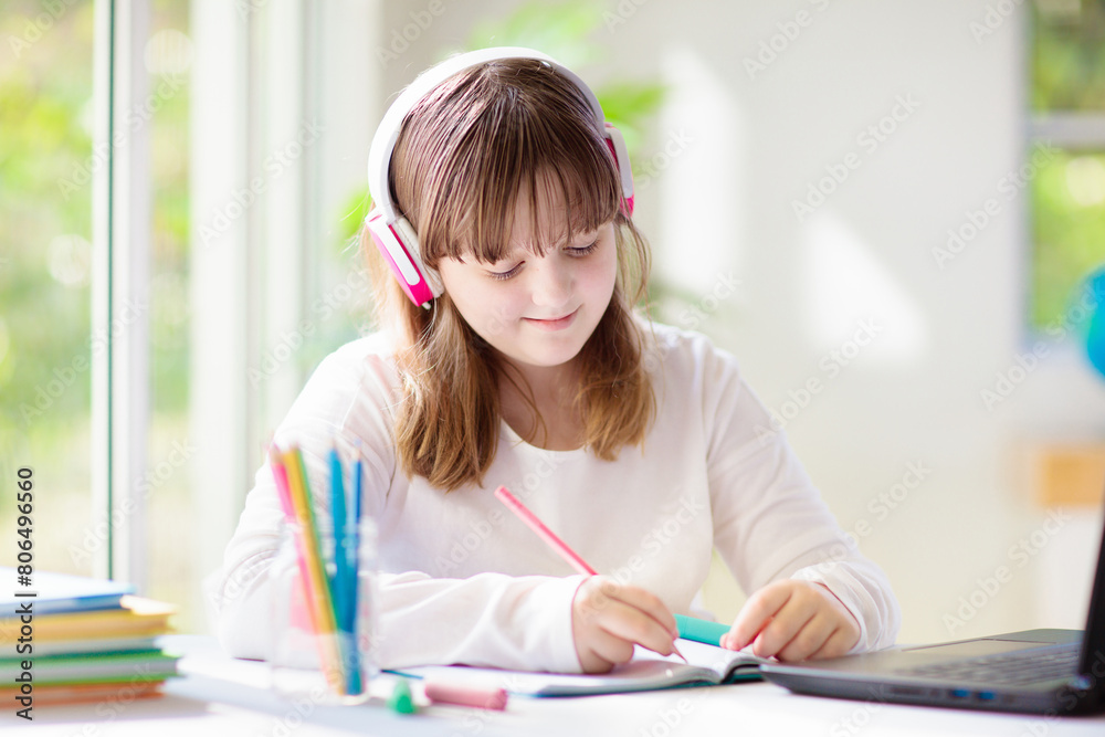 Online remote learning. School kids with computer. Online remote learning. School kids with computer.