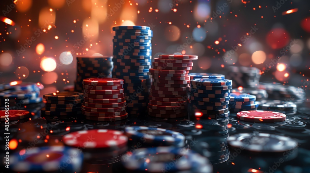 Transform the excitement of a casino atmosphere into an eye-catching image by utilizing a unique digital rendering technique Showcase a dynamic low-angle view of a player stacking poker chips artistic Transform the excitement of a casino atmosphere into an eye-catching image by utilizing a unique digital rendering technique Showcase a dynamic low-angle view of a player stacking poker chips artistic