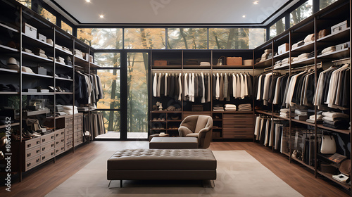A walk-in closet with organized shelves and hanging space. photo