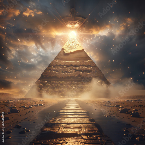 A 3D image that showcases the Eye of Horus positioned directly above a single pyramid  with an aura of light rays radiating from it.
