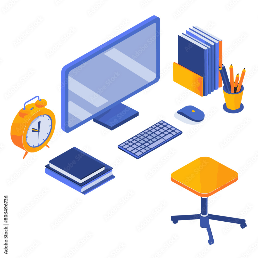 A flat design illustration of a digital workstation with a computer, peripherals, and a beverage A flat design illustration of a digital workstation with a computer, peripherals, and a beverage