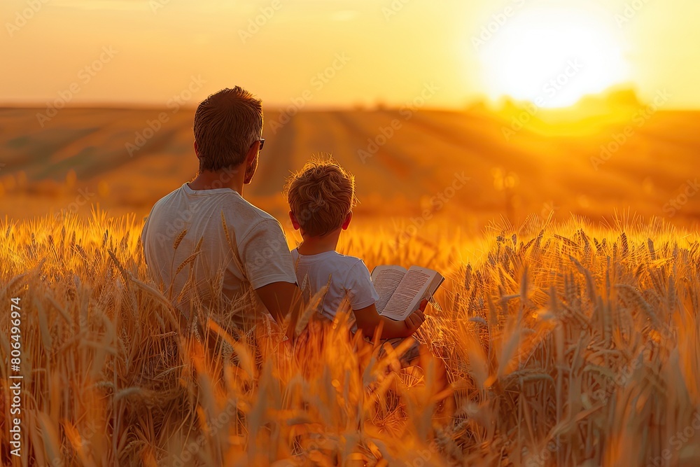 Fototapeta premium Father and son enjoying the sunset in a wheat field.