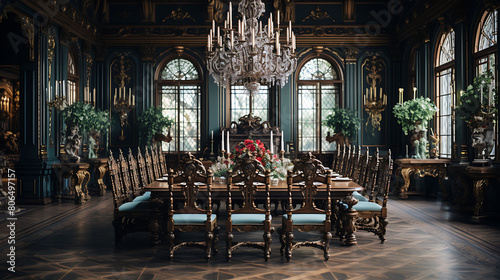Baroque style grand dining room with a long table, ornate chairs, and dramatic chandeliers, photo