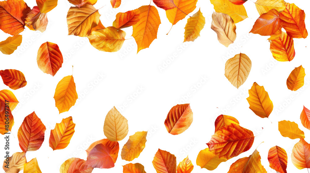 Autumn card with a border or frame of colored falling leaves isolated on white background Autumn card with a border or frame of colored falling leaves isolated on white background