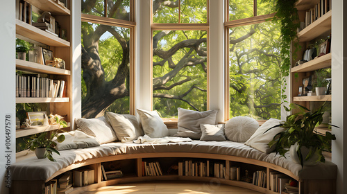 Bay window with seat and built-in bookshelves, photo