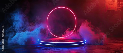 Stunning 3D rendering of a glowing red and blue neon circle with a stage for product placement. Perfect for showcasing your products in a futuristic and eye-catching way.