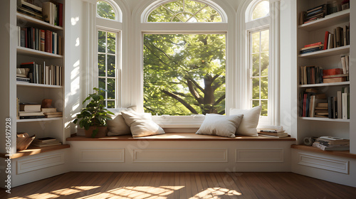 Bay window with seat and built-in bookshelves, photo