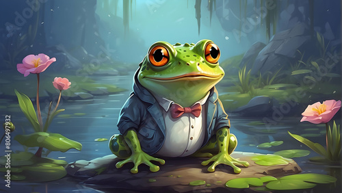 A whimsical digital painting of a well-dressed frog on a lily pad, embodying mystery and enchantment of a fantasy forest © JohnTheArtist
