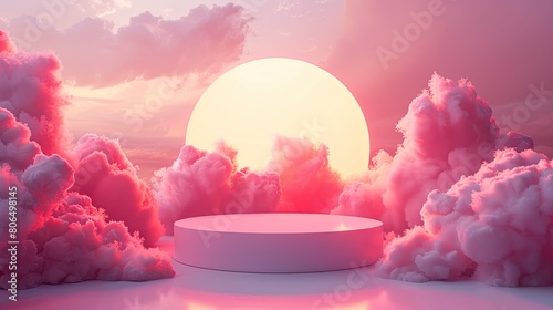 The image is a surreal landscape with a large pink sun and clouds