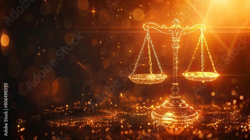 The image shows a balance scale with a bright light in the background