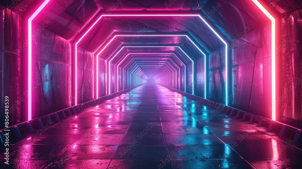 The image shows a long, futuristic tunnel with bright pink and blue neon lights. The tunnel is wet and reflecting the light.