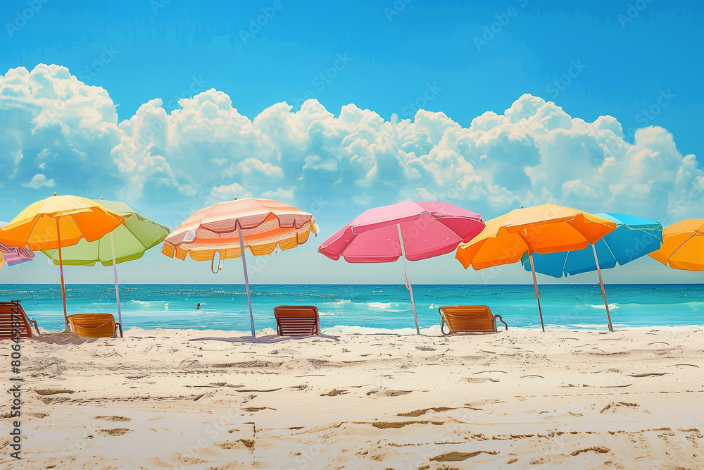 Showcasing the vibrant hues of beach umbrellas and lounge chairs against the backdrop of golden sands, radiating joy and relaxation