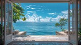 The open window of the villa offers a view of the sea. An idyllic picture of relaxation and tranquility. Generative AI