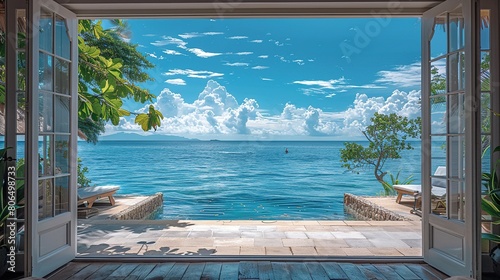 The open window of the villa offers a view of the sea. An idyllic picture of relaxation and tranquility. Generative AI