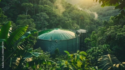 Sustainable energy concept with a biogas plant amid dense forest foliage, illustrating the production of electrical energy