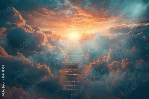 The photo shows a stairway leading up to a bright light. The stairway is flanked by clouds.