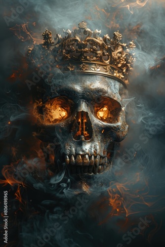 The skull of a king with a golden crown. The skull is surrounded by a dark, smoky background.