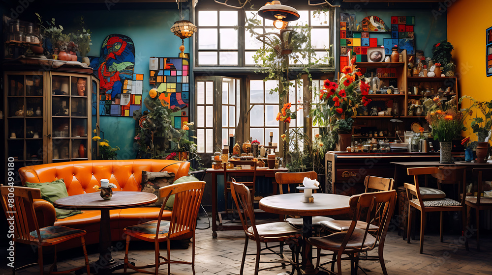 Bohemian caf?(C) with mismatched furniture and an eclectic art collection,