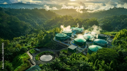 Panoramic view of a biogas plant operating amidst a lush forest landscape, emphasizing eco-conscious electrical energy generation