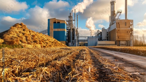 Panoramic view of a biomass power plant processing agricultural residues into electrical energy, sustainable focus photo