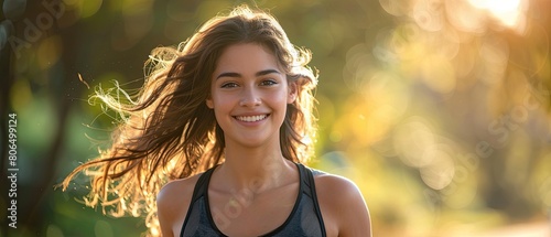 Young happy smiling woman running in park