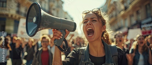 Young woman shouting into a megaphone at a protest.